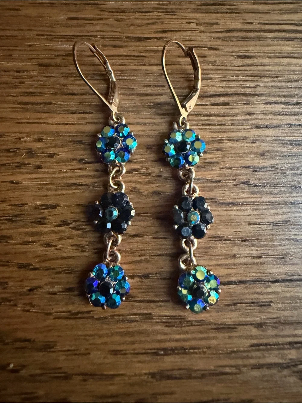 Vintage Iridescent Blue Aurora Borealis & Jet Black Crystal Flower Drop Earrings